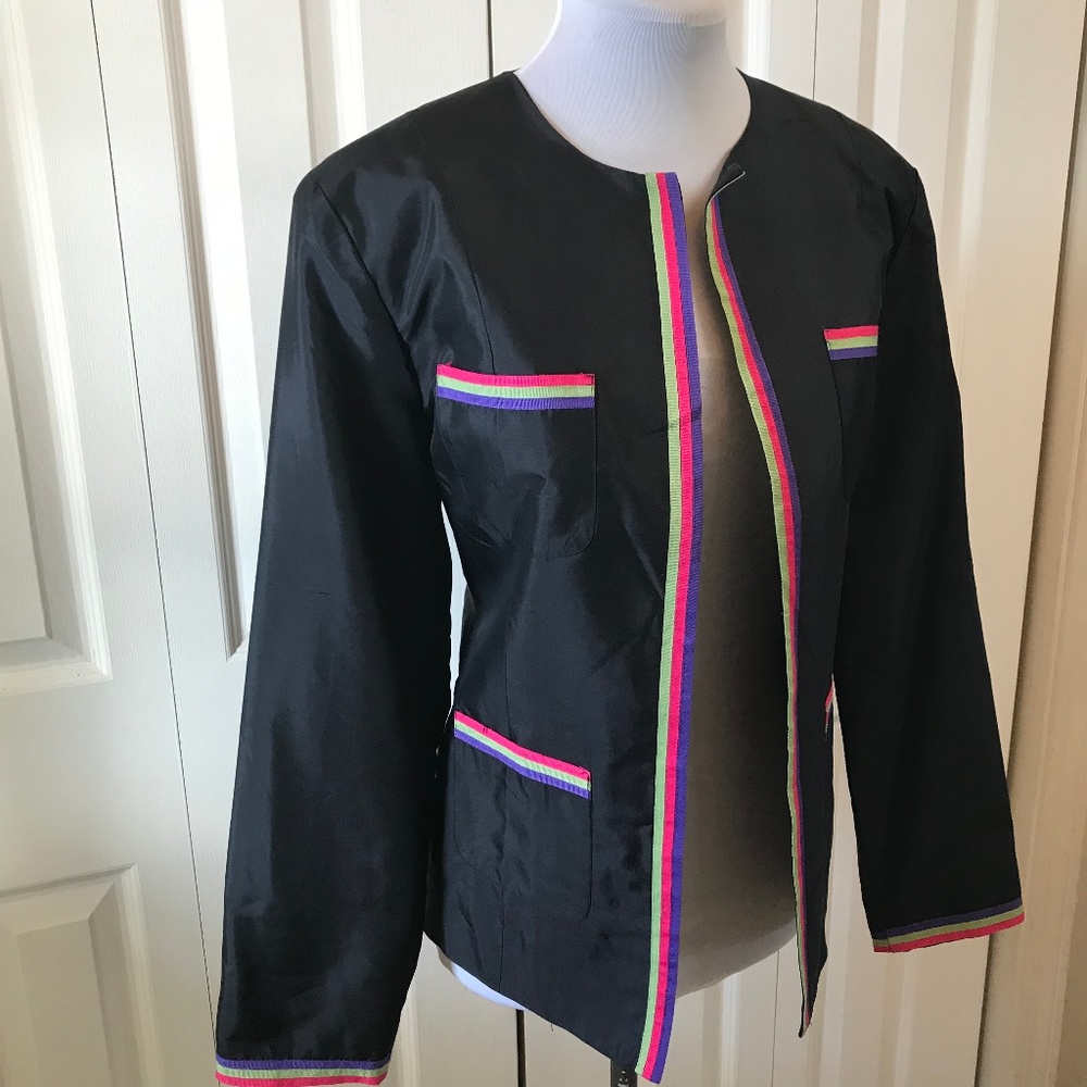 Open Front Ribbon Detailed Black Jacket Blazer 10 - Picture 2 of 5